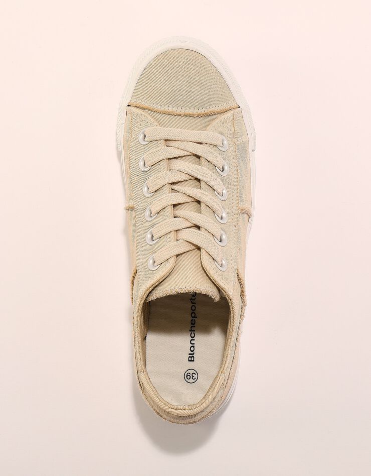 Tennis lacées en toile délavée à surpiqûres (beige)