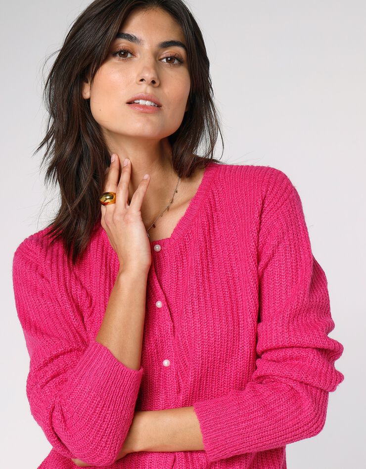 Cardigan boutons façon perles, maille anglaise (rose)