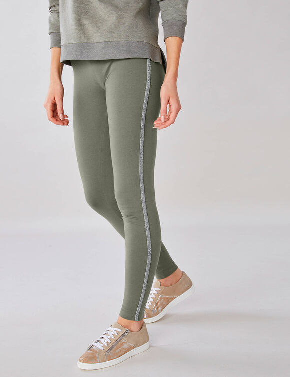 Legging uni bande c&ocirc;t&eacute; brillante, maille (kaki)
