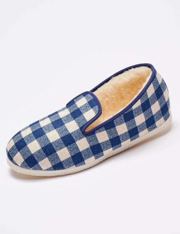 Charentaises silencieuses carreaux fourr&eacute;es laine (bleu marine)