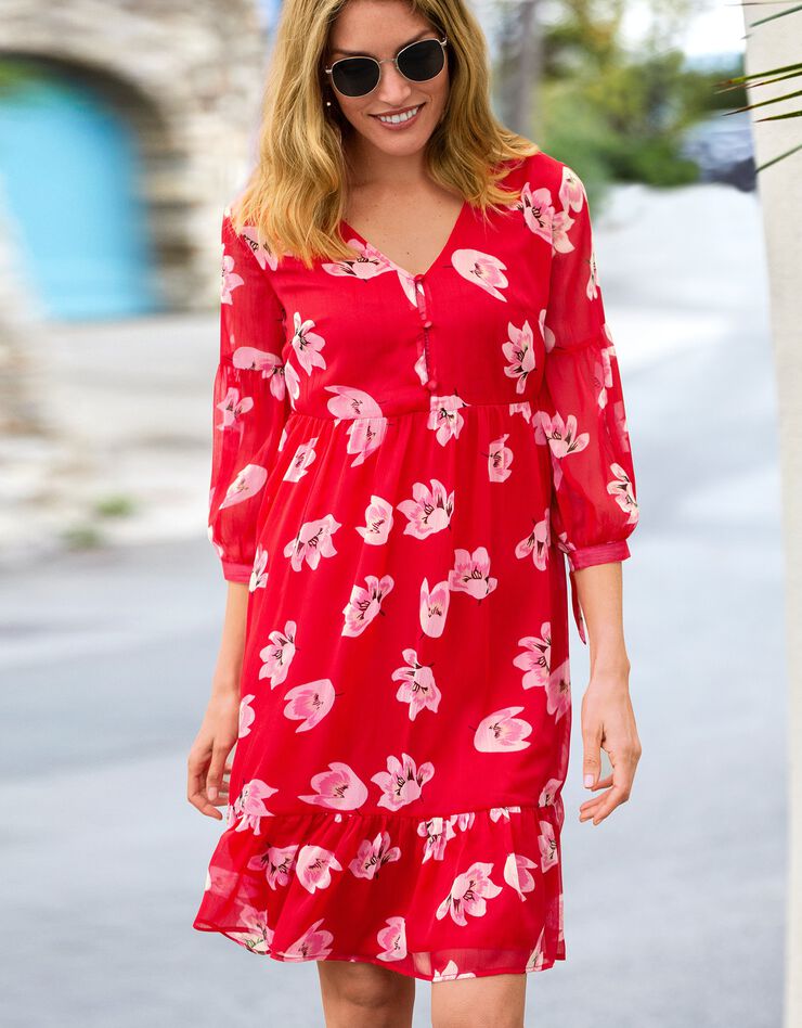 Robe voile fluide volanté imprimé fleuri (rouge / noir) Robe voile fluide volanté imprimé fleuri (rouge / noir)