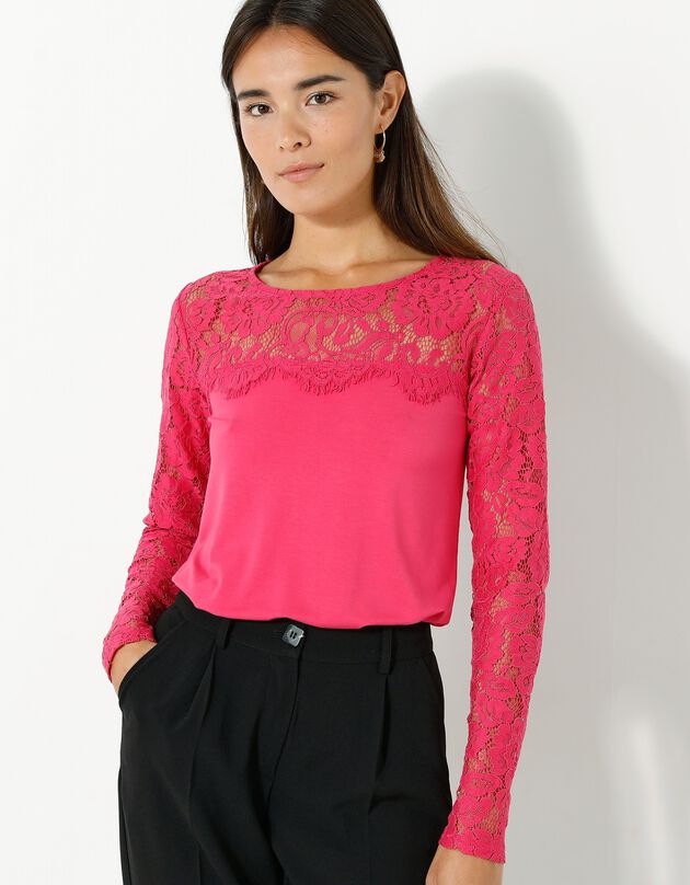 Tee-shirt col rond manches longues, dentelle jersey (framboise)
