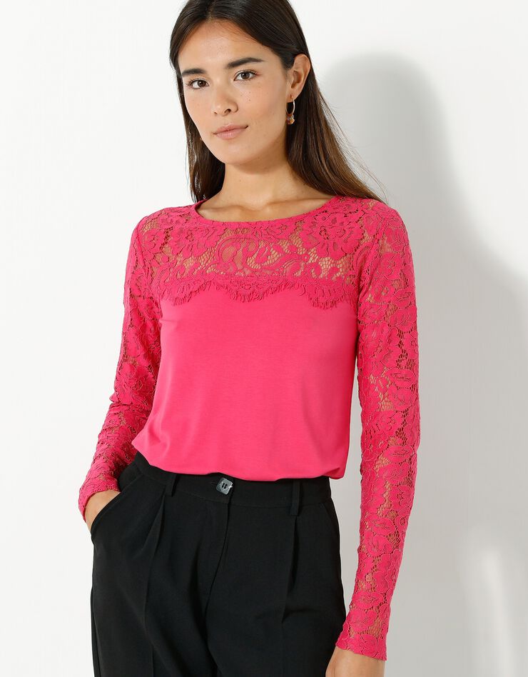 Tee-shirt col rond manches longues, dentelle jersey (framboise) Tee-shirt col rond manches longues, dentelle jersey (framboise)
