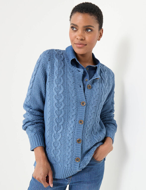 Cardigan boutonné, maille torsadée (bleu jean)