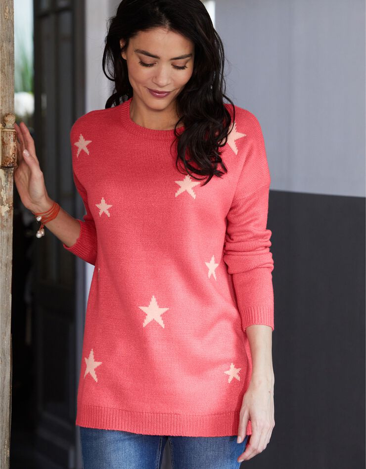 Pull jacquard étoiles maille toucher cachemire (corail / pêche) Pull jacquard étoiles maille toucher cachemire (corail / pêche)
