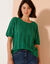 Pull festonné col rond manches coudes, maille ajourée fantaisie (vert)