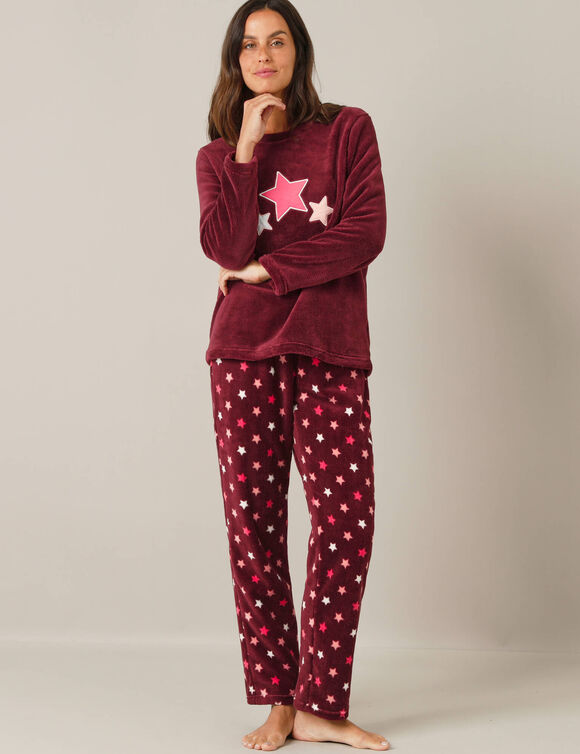 Pyjama pantalon polaire "étoiles", toucher peluche (bordeaux / corail)