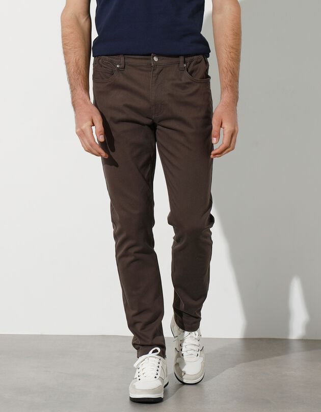 Pantalon droit 5 poches twill coton extensible (chocolat)