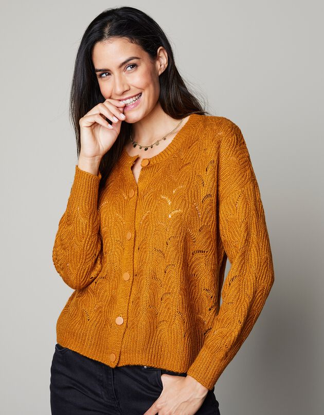 Gilet boutonné maille perlée ajourée (caramel)