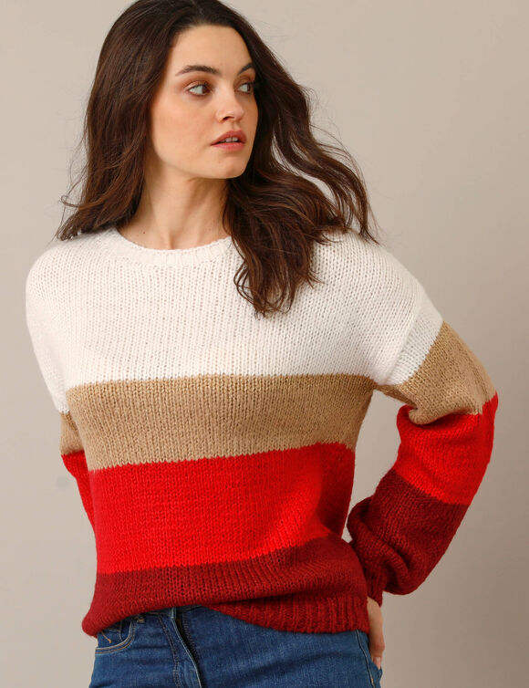 Pull col rond ray&eacute;, toucher doux (&eacute;cru / rouge)