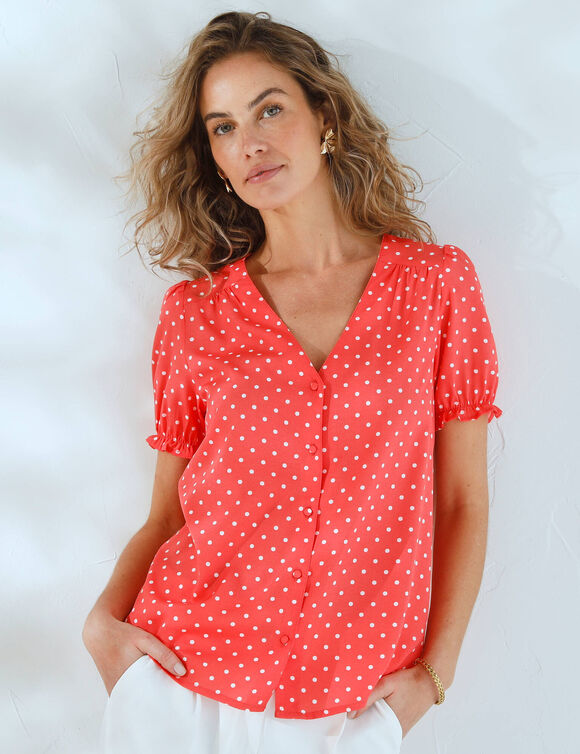 Chemisier boutonné manches blousantes imprimé pois (corail)