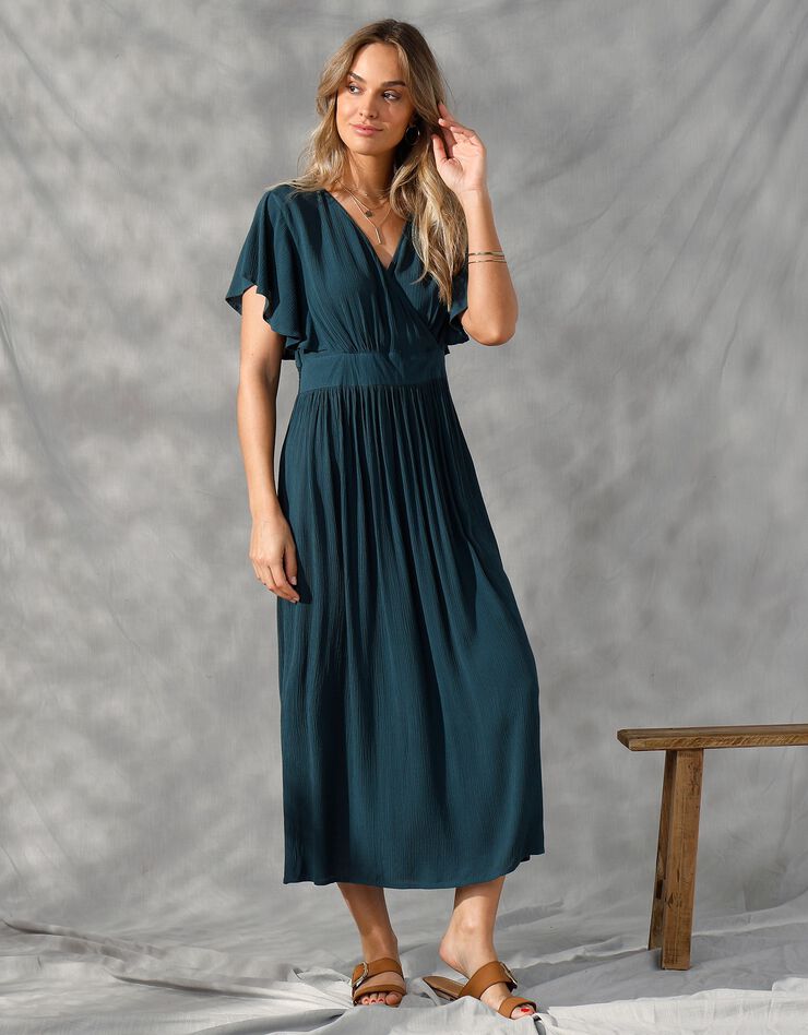 Robe volantée, crépon léger (vert foncé)