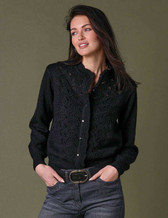 Gilet boutonné col montant, maille fantaisie  (noir)