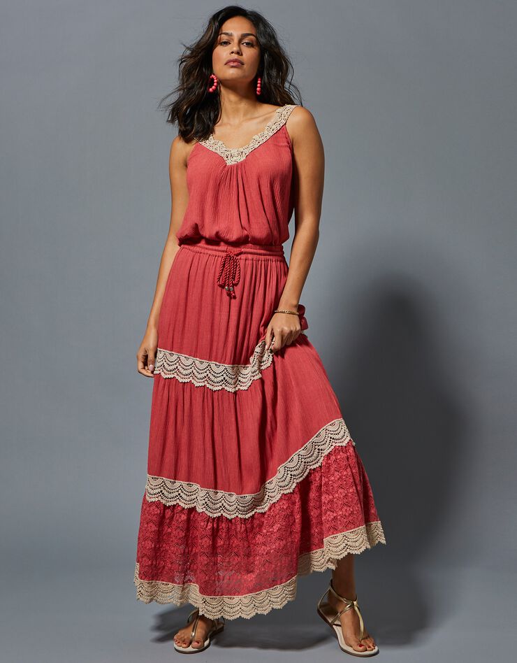 Jupon long macramé taille élastiquée (bois de rose) Jupon long macramé taille élastiquée (bois de rose)