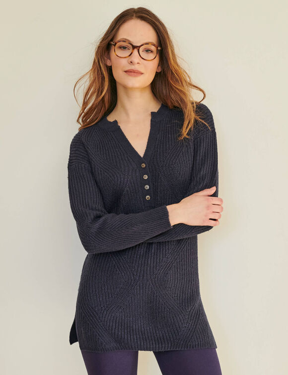 Pull tunique col tunisien, maille anglaise toucher doux (marine)