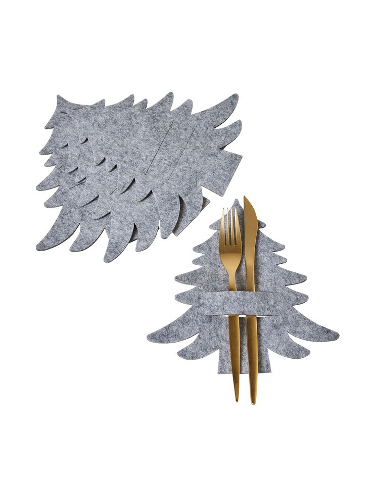 Lot de 4 porte-serviettes ou porte-couverts sapin feutrine (argent) Lot de 4 porte-serviettes ou porte-couverts sapin feutrine (argent)
