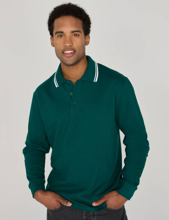 Polo uni maille piqu&eacute;e manches longues (vert sapin)