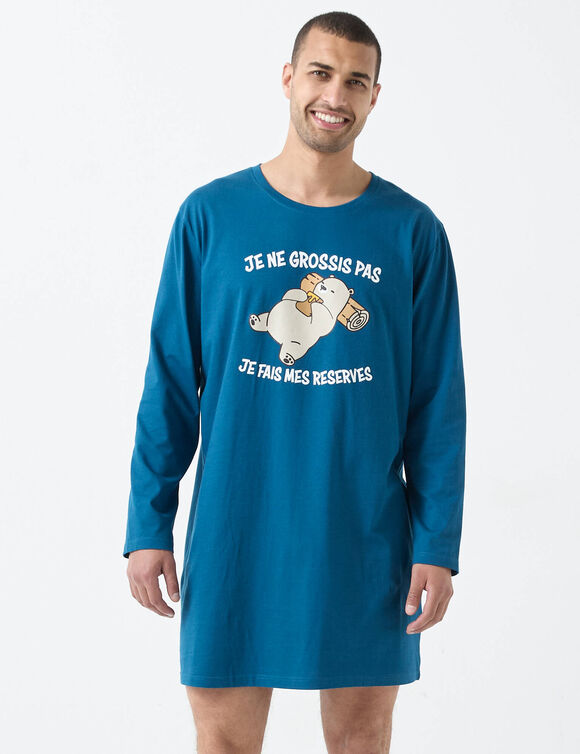 Maxi T-shirt pyjama imprim&eacute; "Je ne grossis pas" (bleu p&eacute;trole)