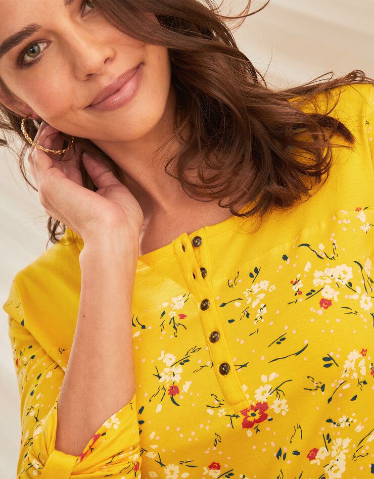 Tee-shirt col tunisien manches longues imprimé fleuri (safran) Tee-shirt col tunisien manches longues imprimé fleuri (safran)