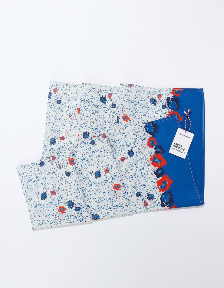 Foulard style chèche fabriqué en France imprimé coquelicots, 160 x 70 cm  - coton (écru / bleu)