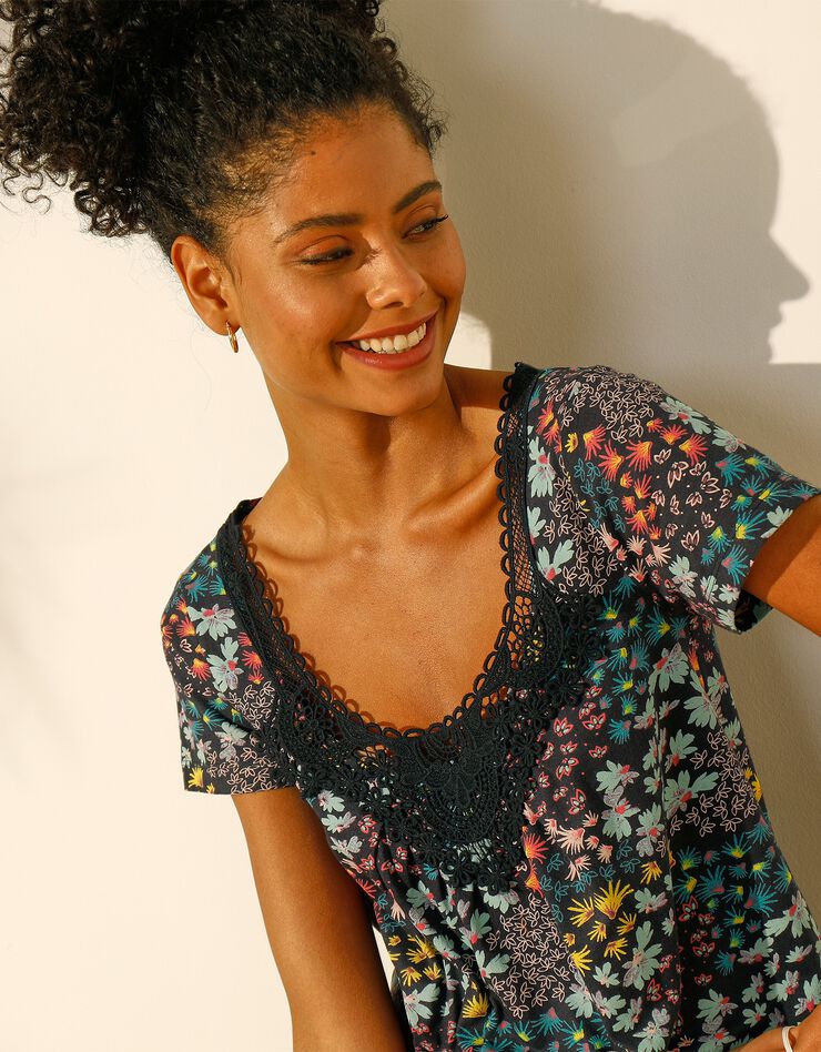 Tee-shirt macramé imprimé fleuri (marine / turquoise) Tee-shirt macramé imprimé fleuri (marine / turquoise)