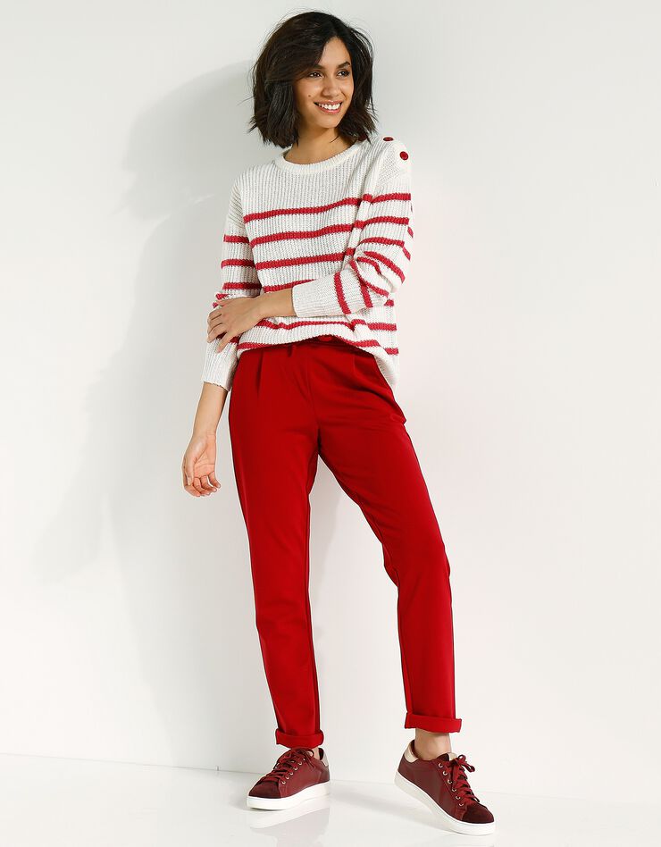 Pull rayé manches longues épaule boutonnée (écru / tomette) Pull rayé manches longues épaule boutonnée (écru / tomette)