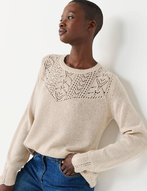 Pull col rond maille ajour&eacute;e, toucher doux (beige chin&eacute;)