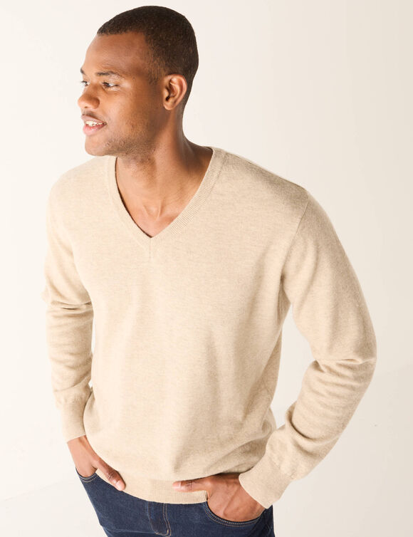 Pull col V 80% laine (taupe clair)