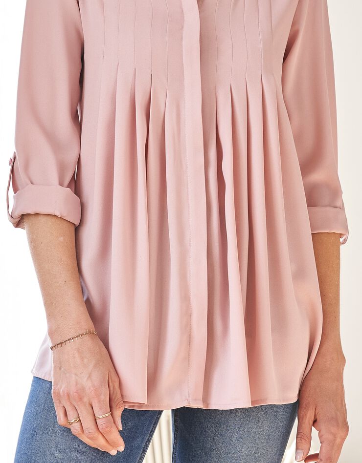 Blouse boutonnée à plis évasée unie, crêpe (rose grisé) Blouse boutonnée à plis évasée unie, crêpe (rose grisé)