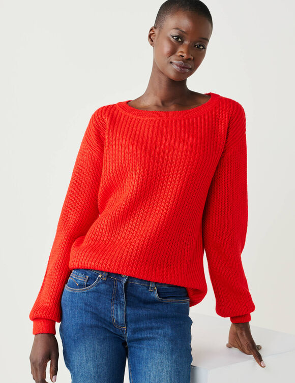 Pull col bateau &agrave; manches blousantes, maille anglaise (rouge)
