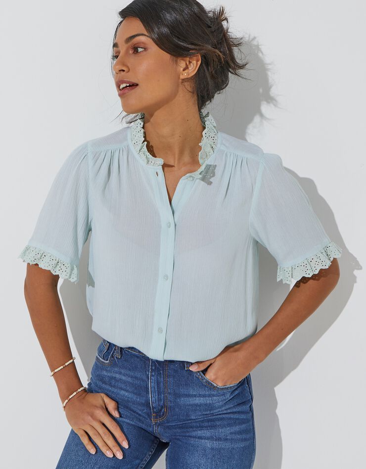 Blouse col volanté broderie anglaise (aqua) Blouse col volanté broderie anglaise (aqua)