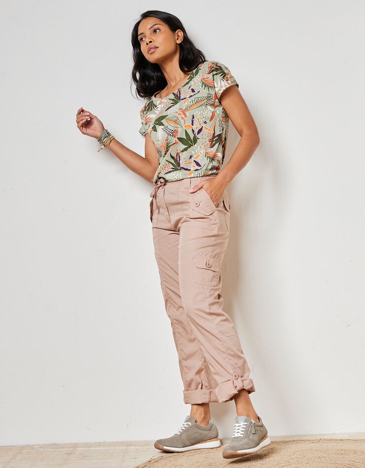 Tee-shirt col rond imprimé tropical (kaki / tomette) Tee-shirt col rond imprimé tropical (kaki / tomette)