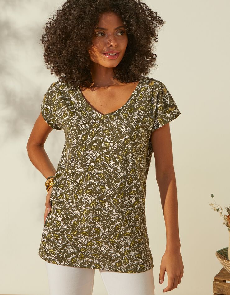 Tee-shirt imprimé col V, manches courtes et boutons sur épaules (bronze) Tee-shirt imprimé col V, manches courtes et boutons sur épaules (bronze)