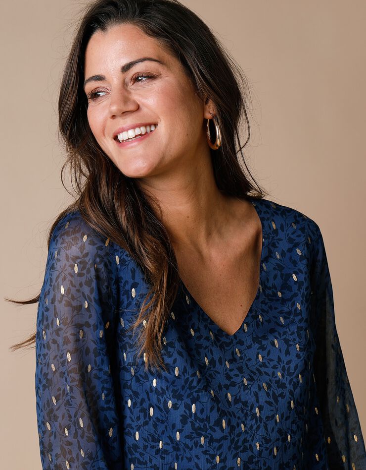 Robe évasée voile imprimé doré (bleu) Robe évasée voile imprimé doré (bleu)