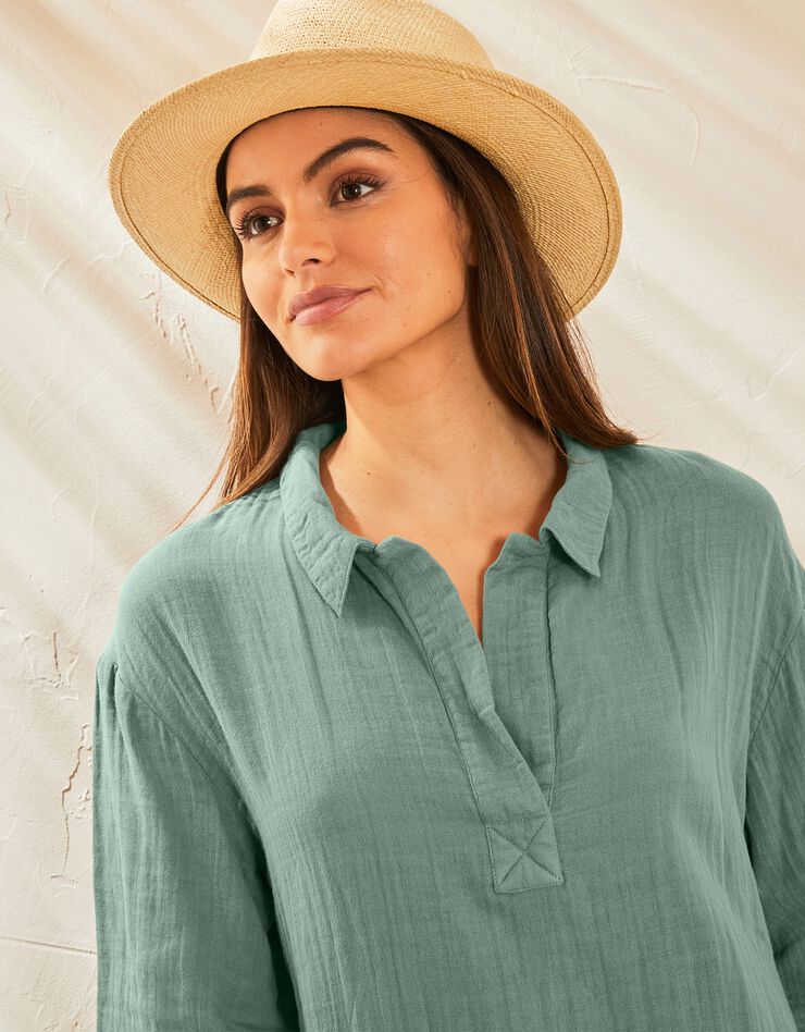 Robe chemisier unie gaze de coton (vert grisé) Robe chemisier unie gaze de coton (vert grisé)