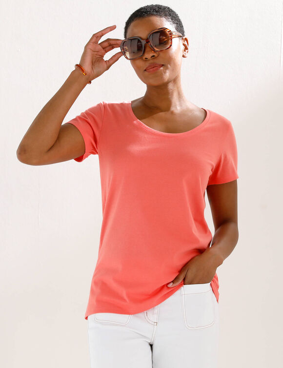 T-shirt col rond manches courtes uni coton (corail)