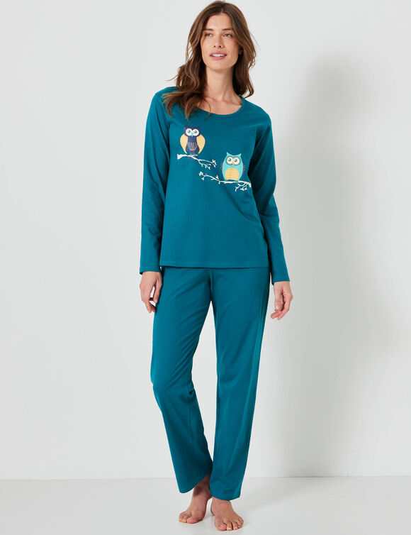 Pyjama en coton imprim&eacute; hiboux manches longues  (vert sapin)