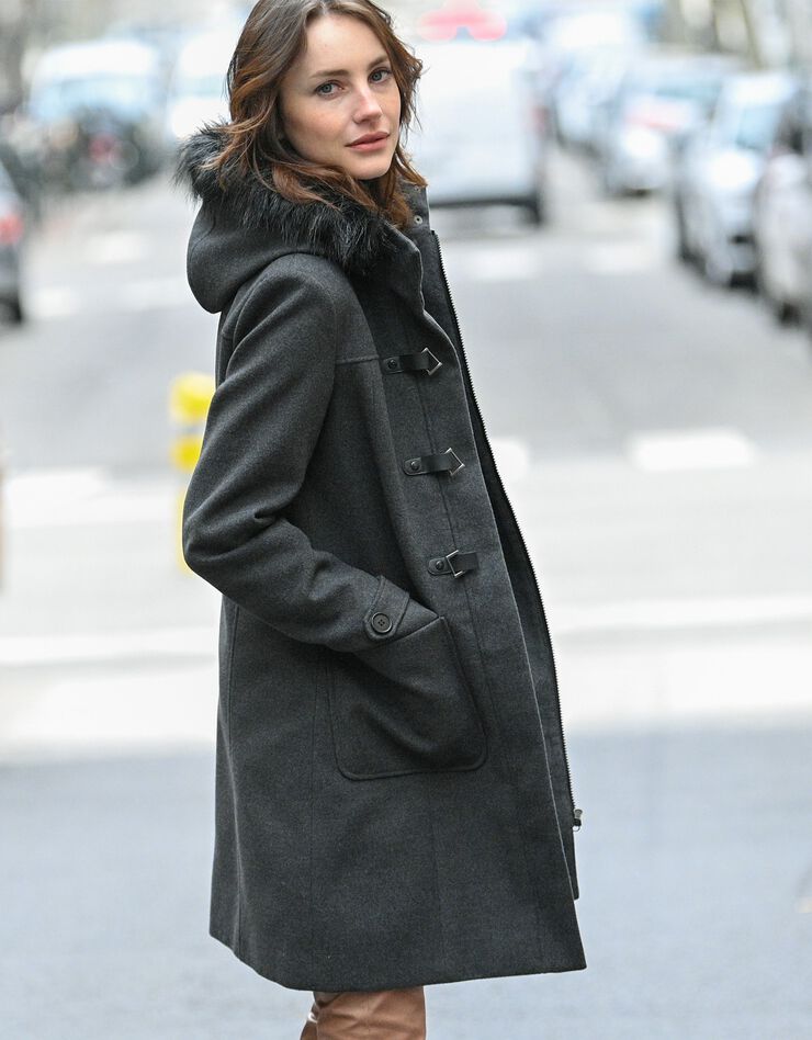Duffle-coat capuche fausse fourrure uni (anthracite chiné)