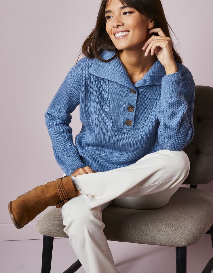 Pull col camionneur boutonné, toucher mohair (bleu grisé) Pull col camionneur boutonné, toucher mohair (bleu grisé)