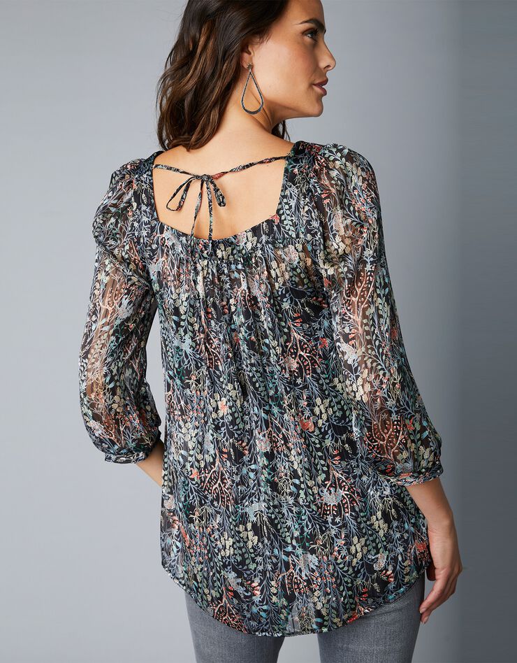 Blouse imprimée fluide col carré, manches 3/4 (noir) Blouse imprimée fluide col carré, manches 3/4 (noir)