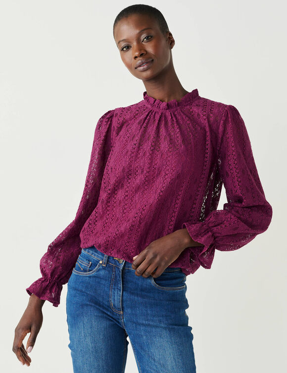 Blouse col victorien unie, dentelle (prune)