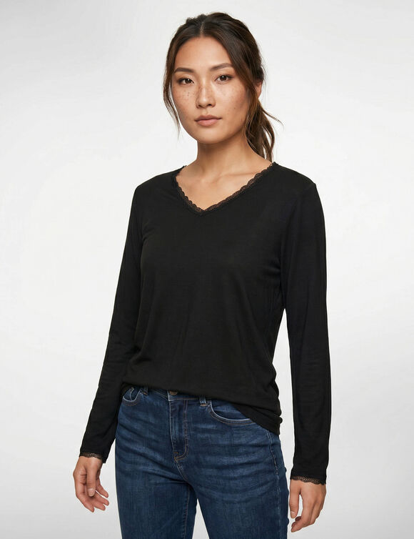 Tee-shirt manches longues chaleur seconde peau et d&eacute;tails dentelle (noir)