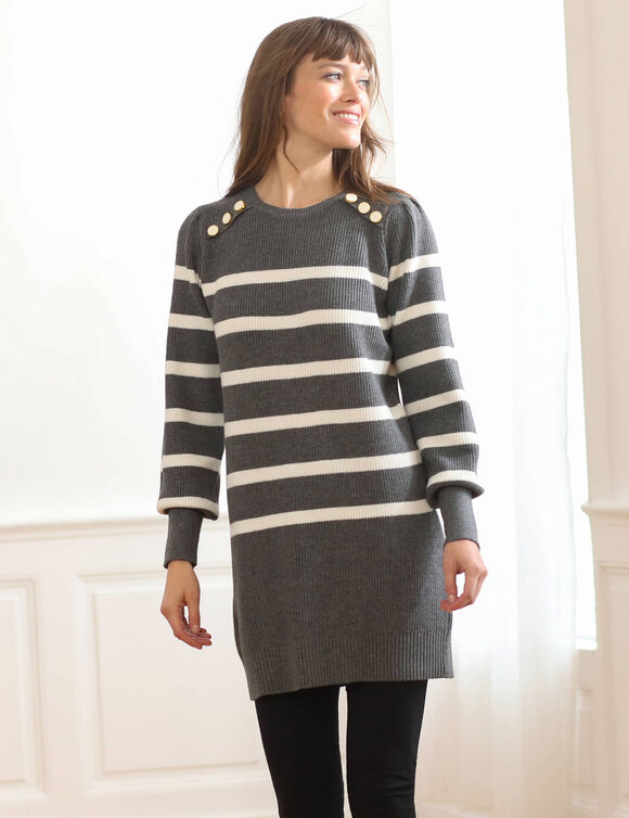 Pull tunique boutons fantaisie, rayé (gris chiné / écru)