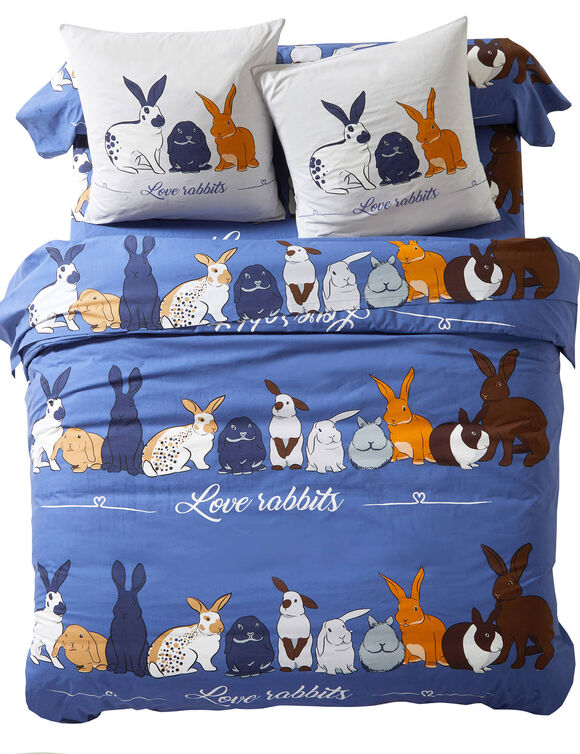 Linge de lit Rabbit en coton imprimé lapins (bleu)