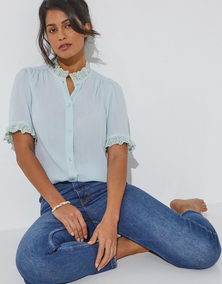 Blouse col volanté broderie anglaise (aqua) Blouse col volanté broderie anglaise (aqua)