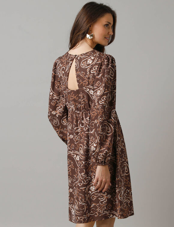 Robe courte manches blousantes, crêpe imprimé (chocolat)