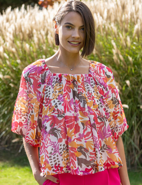 Blouse &eacute;lastiqu&eacute;e manches blousantes, mousseline multicolore (multicolore)