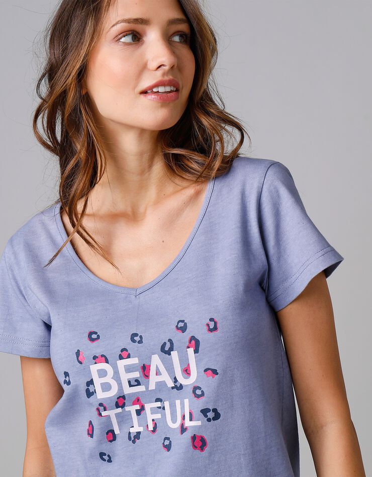 Tee-shirt manches courtes coton uni imprimé placé "Beautiful" (bleu) Tee-shirt manches courtes coton uni imprimé placé "Beautiful" (bleu)