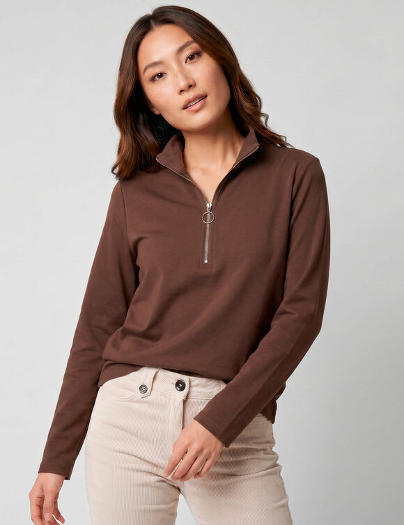 T-shirt col montant zipp&eacute; uni, manches longues (chocolat)