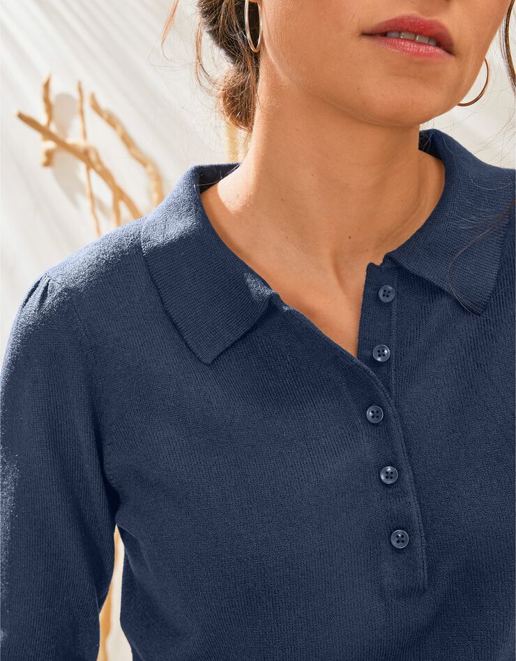 Pull col polo manches 3/4, toucher cachemire (marine) Pull col polo manches 3/4, toucher cachemire (marine)
